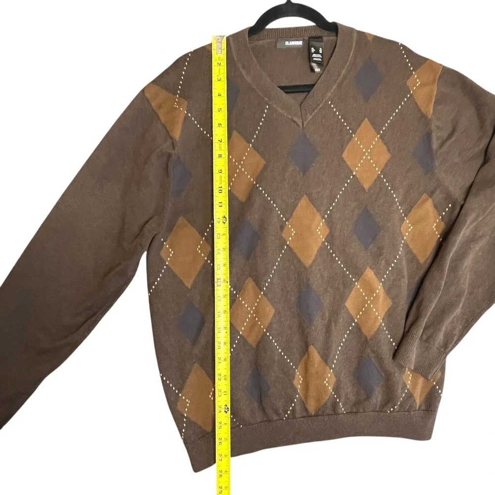 Claiborne Mens V Neck Argyle Sweater Brown Tan XL Cotton Classic Academia Preppy